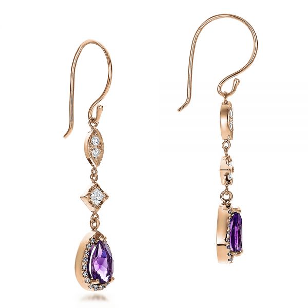 14k Rose Gold 14k Rose Gold Custom Amethyst And Diamond Halo Earrings - Front View -  100702