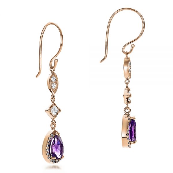 14k Rose Gold 14k Rose Gold Custom Amethyst And Diamond Halo Earrings - Front View - 100702