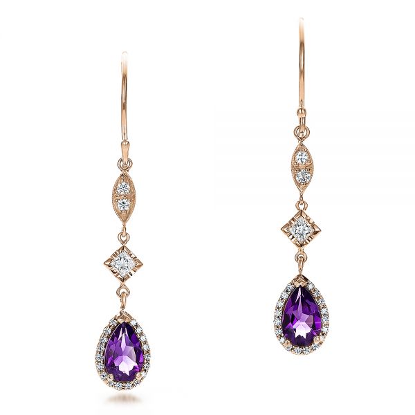 18k Rose Gold 18k Rose Gold Custom Amethyst And Diamond Halo Earrings - Three-Quarter View -  100702