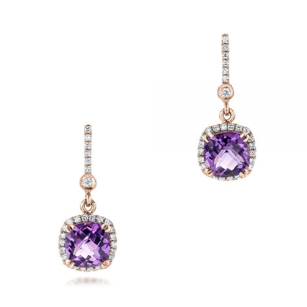 14k Rose Gold 14k Rose Gold Custom Amethyst And Diamond Halo Earrings - Three-Quarter View -  102181