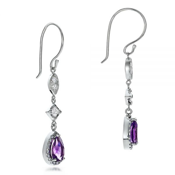 14k White Gold Custom Amethyst And Diamond Halo Earrings - Front View -  100702