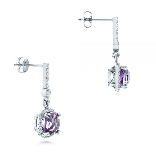 14k White Gold Custom Amethyst And Diamond Halo Earrings - Front View - 102181