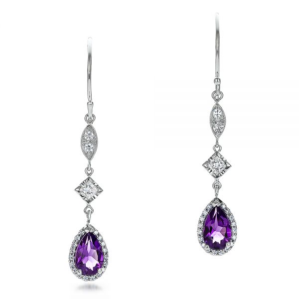 14k White Gold Custom Amethyst And Diamond Halo Earrings - Three-Quarter View -  100702