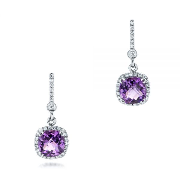 14k White Gold Custom Amethyst And Diamond Halo Earrings - Three-Quarter View -  102181