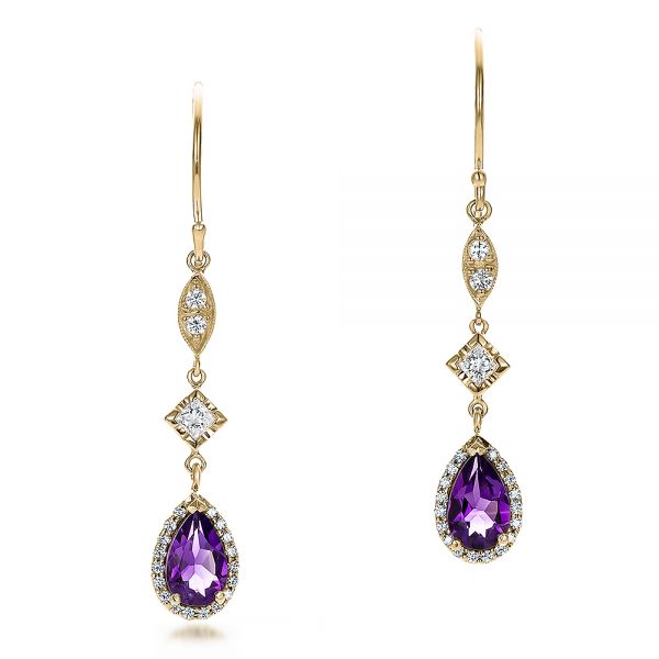 14k Yellow Gold 14k Yellow Gold Custom Amethyst And Diamond Halo Earrings - Three-Quarter View -  100702