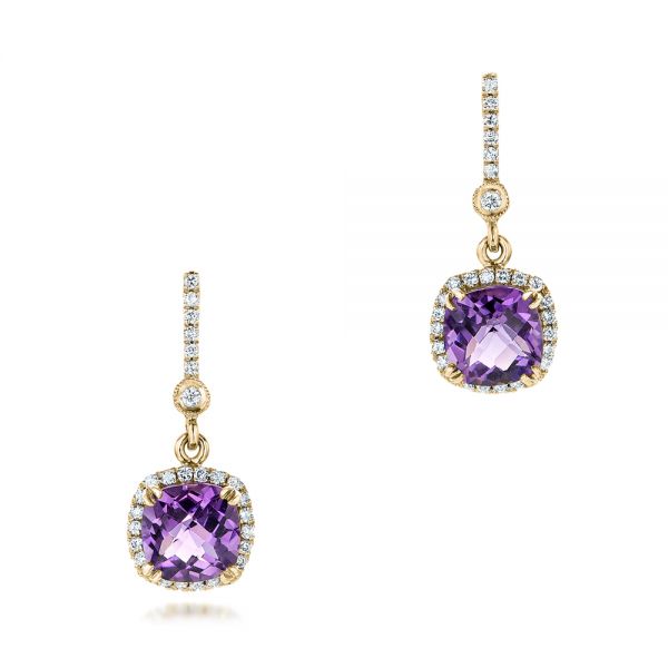 18k Yellow Gold 18k Yellow Gold Custom Amethyst And Diamond Halo Earrings - Three-Quarter View -  102181