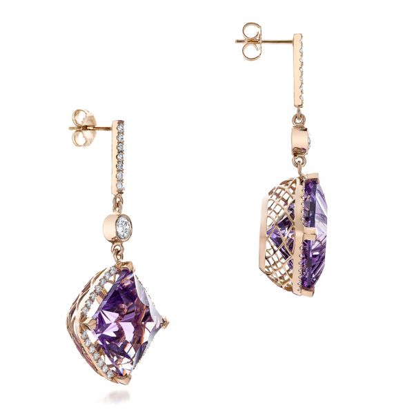 18k Rose Gold Custom Amethyst And Diamond Halo Earrings - Front View -  101222