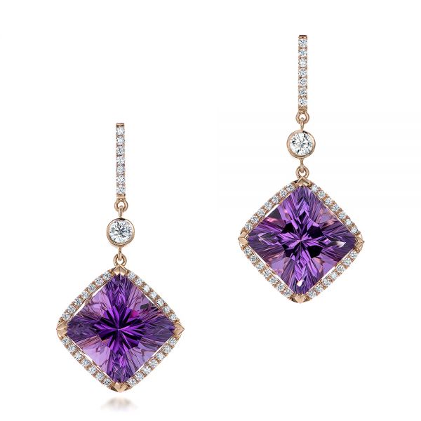 18k Rose Gold Custom Amethyst And Diamond Halo Earrings - Three-Quarter View -  101222