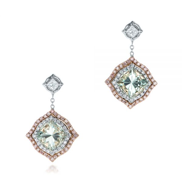  14K Gold And 18k Rose Gold 14K Gold And 18k Rose Gold Custom Aquamarine And Pink Diamond Earrings - Three-Quarter View -  102314