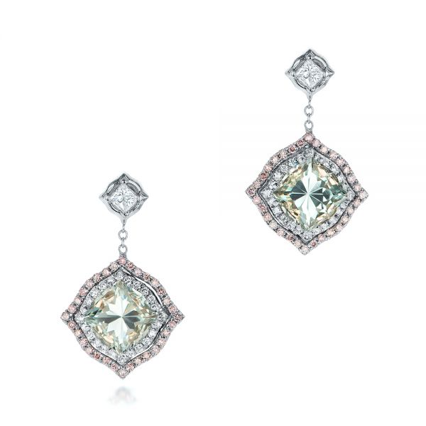  18K Gold And 18k White Gold 18K Gold And 18k White Gold Custom Aquamarine And Pink Diamond Earrings - Three-Quarter View -  102314