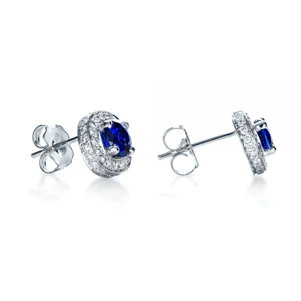 14k White Gold Custom Blue Sapphire And Diamond Earrings - Front View - 1429
