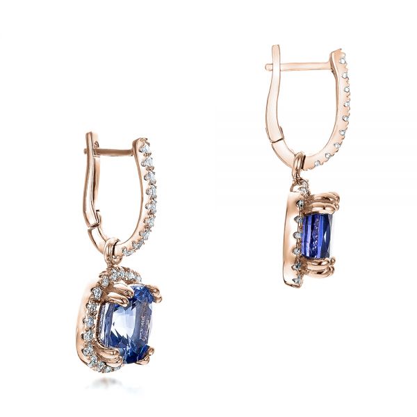 14k Rose Gold 14k Rose Gold Custom Blue Sapphire And Diamond Halo Earrings - Front View - 100859