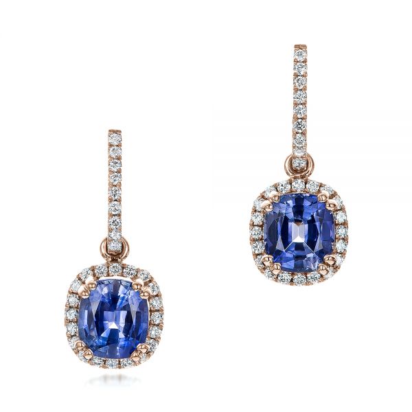 14k Rose Gold 14k Rose Gold Custom Blue Sapphire And Diamond Halo Earrings - Three-Quarter View -  100859