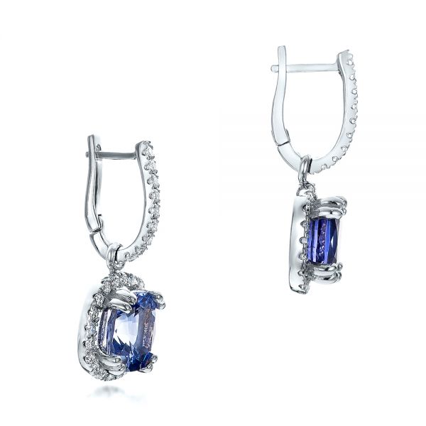 14k White Gold Custom Blue Sapphire And Diamond Halo Earrings - Front View - 100859