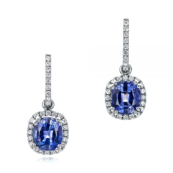  Platinum Platinum Custom Blue Sapphire And Diamond Halo Earrings - Three-Quarter View -  100859