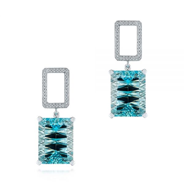 14k White Gold Custom Blue Topaz And Diamond Earrings - Three-Quarter View -  104054