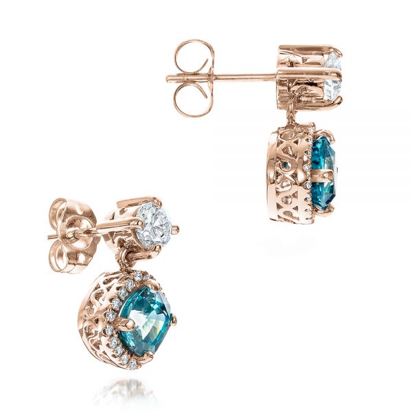 14k Rose Gold 14k Rose Gold Custom Blue Zircon And Diamond Earrings - Front View -  101176