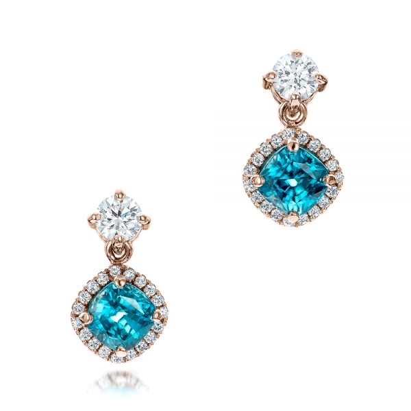 14k Rose Gold 14k Rose Gold Custom Blue Zircon And Diamond Earrings - Three-Quarter View -  101176