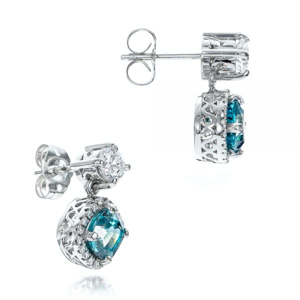18k White Gold Custom Blue Zircon And Diamond Earrings - Front View - 101176