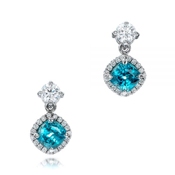 18k White Gold Custom Blue Zircon And Diamond Earrings - Three-Quarter View -  101176