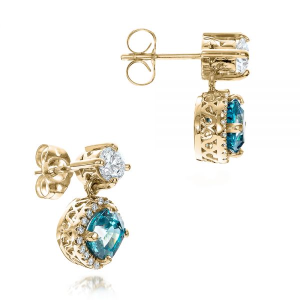 18k Yellow Gold 18k Yellow Gold Custom Blue Zircon And Diamond Earrings - Front View -  101176