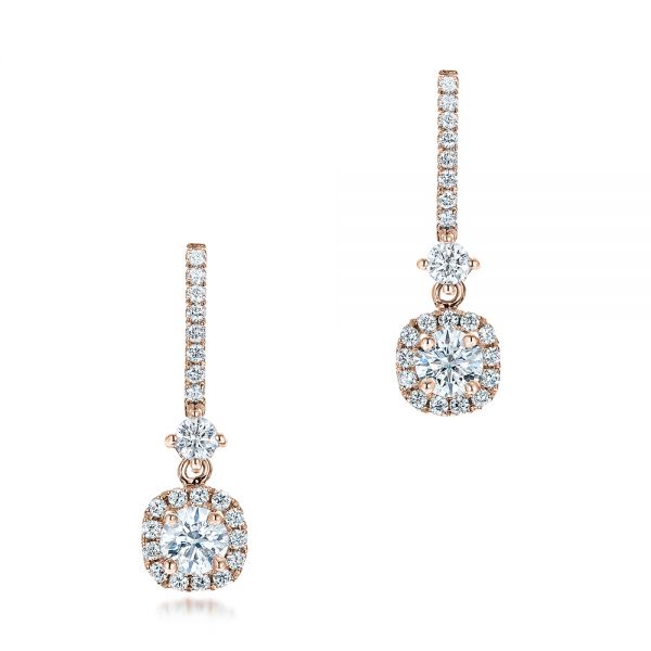 14k Rose Gold 14k Rose Gold Custom Diamond Halo Drop Earrings - Three-Quarter View -  101240