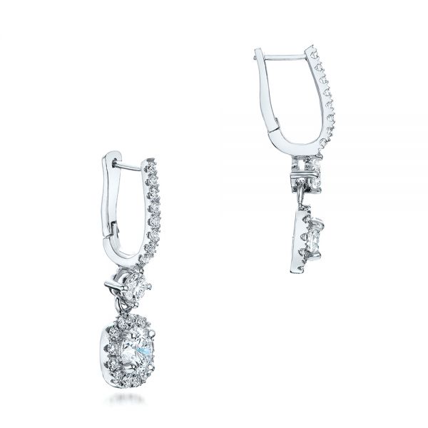 14k White Gold Custom Diamond Halo Drop Earrings - Front View - 101240