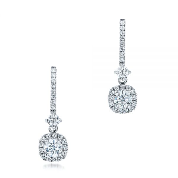 14k White Gold Custom Diamond Halo Drop Earrings - Three-Quarter View -  101240
