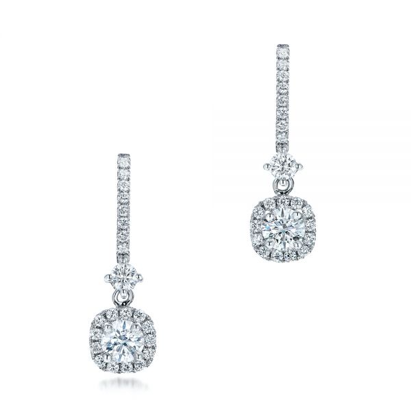  Platinum Platinum Custom Diamond Halo Drop Earrings - Three-Quarter View -  101240