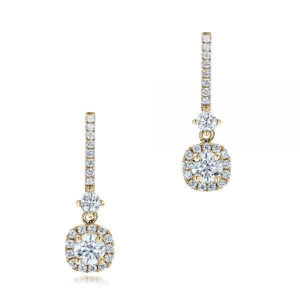 14k Yellow Gold 14k Yellow Gold Custom Diamond Halo Drop Earrings - Three-Quarter View -  101240
