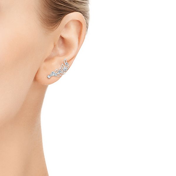 14k White Gold Custom Diamond Leaf Climber Earrings - Hand View -  104834