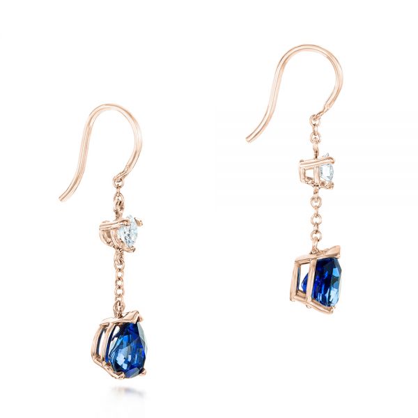 18k Rose Gold 18k Rose Gold Custom Diamond And Blue Sapphire Drop Earrings - Front View -  102776