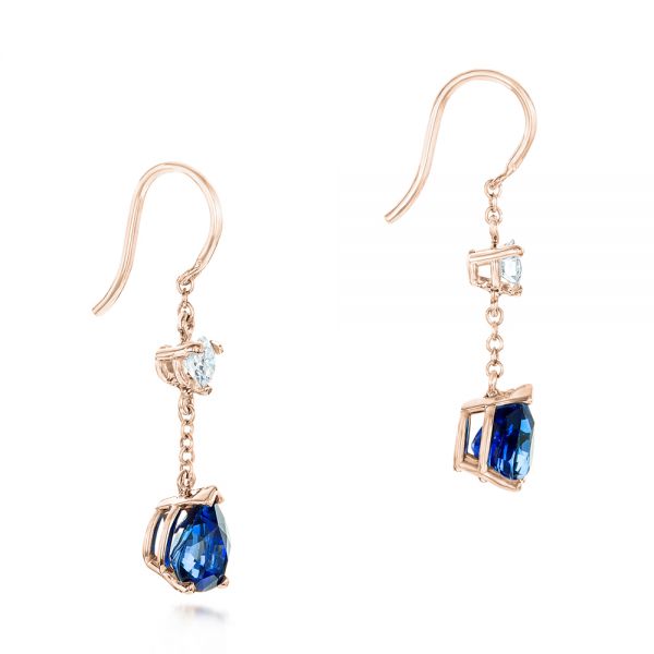 14k Rose Gold 14k Rose Gold Custom Diamond And Blue Sapphire Drop Earrings - Front View - 102776