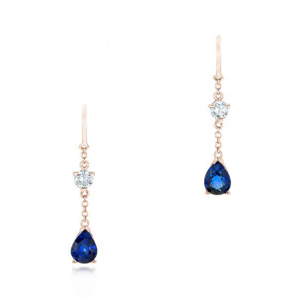 14k Rose Gold 14k Rose Gold Custom Diamond And Blue Sapphire Drop Earrings - Three-Quarter View -  102776