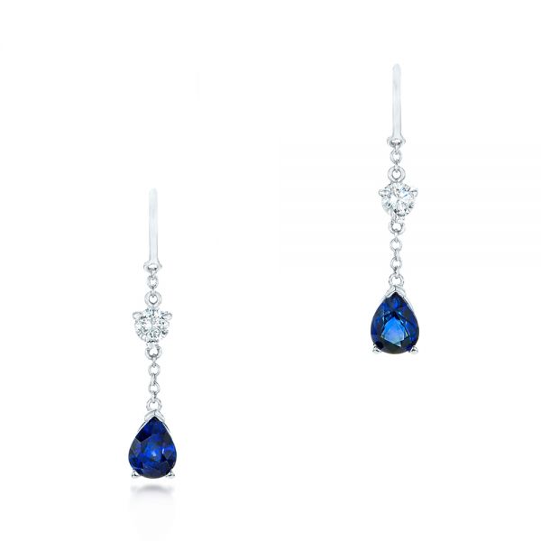 18k White Gold Custom Diamond And Blue Sapphire Drop Earrings - Three-Quarter View -  102776