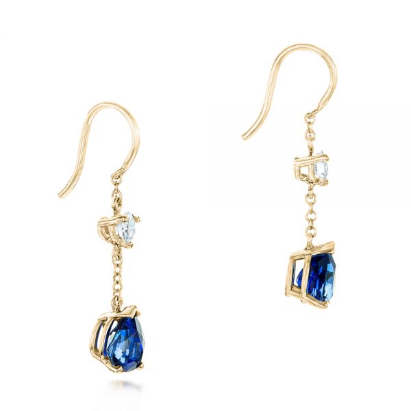 14k Yellow Gold 14k Yellow Gold Custom Diamond And Blue Sapphire Drop Earrings - Front View -  102776