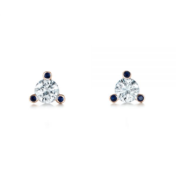 14k Rose Gold 14k Rose Gold Custom Diamond And Blue Sapphire Stud Earrings - Three-Quarter View -  102178