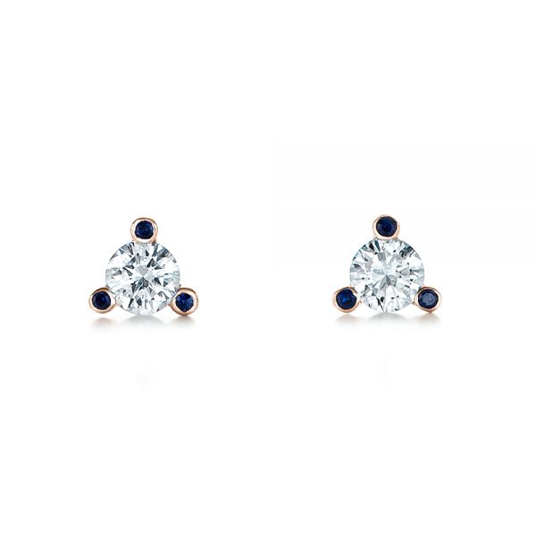 14k Rose Gold 14k Rose Gold Custom Diamond And Blue Sapphire Stud Earrings - Three-Quarter View - 102178