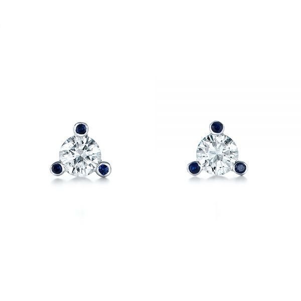 14k White Gold 14k White Gold Custom Diamond And Blue Sapphire Stud Earrings - Three-Quarter View -  102178