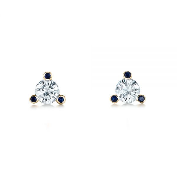 14k Yellow Gold 14k Yellow Gold Custom Diamond And Blue Sapphire Stud Earrings - Three-Quarter View - 102178