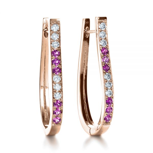 14k Rose Gold 14k Rose Gold Custom Diamond And Pink Sapphire Earrings - Front View -  1216