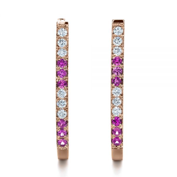 14k Rose Gold 14k Rose Gold Custom Diamond And Pink Sapphire Earrings - Three-Quarter View -  1216