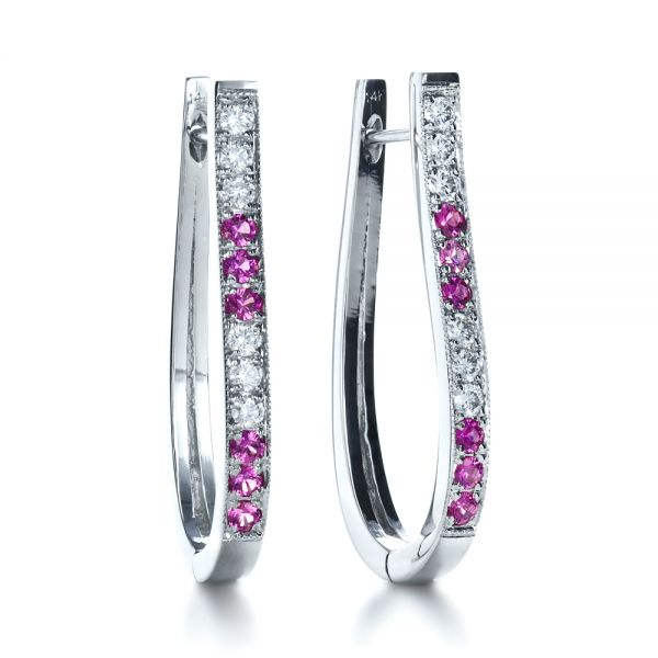 14k White Gold 14k White Gold Custom Diamond And Pink Sapphire Earrings - Front View -  1216