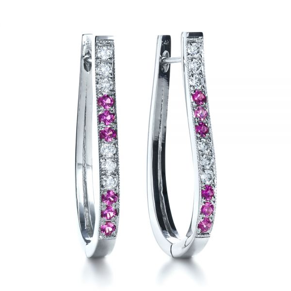 14k White Gold 14k White Gold Custom Diamond And Pink Sapphire Earrings - Front View - 1216