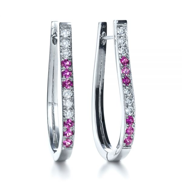 18k White Gold 18k White Gold Custom Diamond And Pink Sapphire Earrings - Front View -  1216