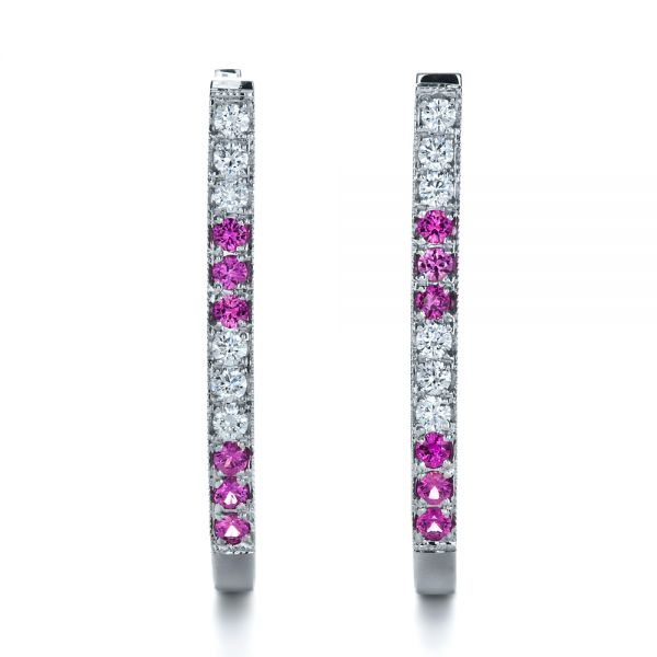  14K Gold Custom Diamond And Pink Sapphire Earrings - Three-Quarter View -  1216