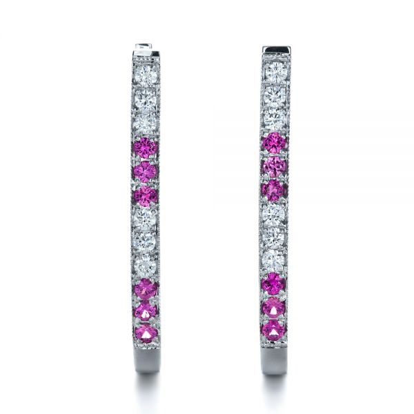  Platinum Platinum Custom Diamond And Pink Sapphire Earrings - Three-Quarter View -  1216