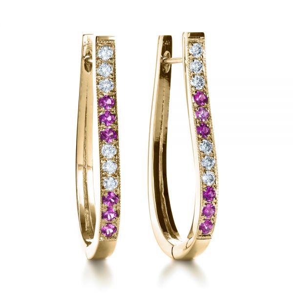 14k Yellow Gold 14k Yellow Gold Custom Diamond And Pink Sapphire Earrings - Front View -  1216