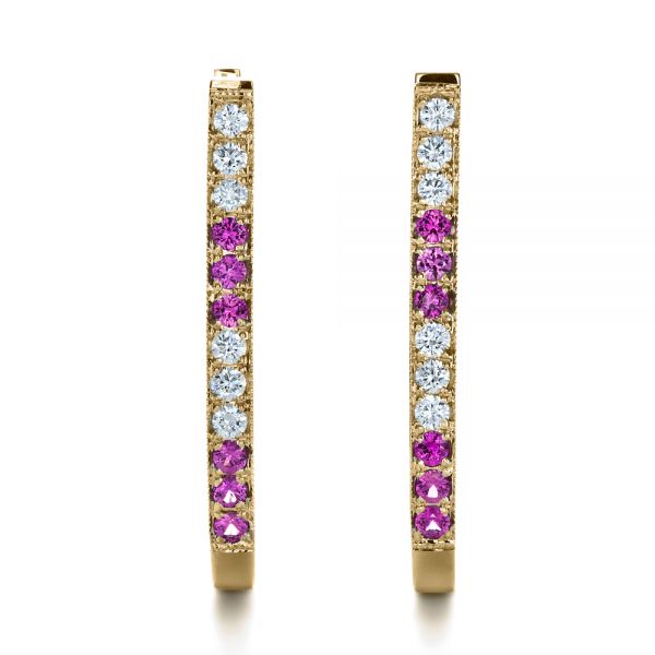 14k Yellow Gold 14k Yellow Gold Custom Diamond And Pink Sapphire Earrings - Three-Quarter View -  1216