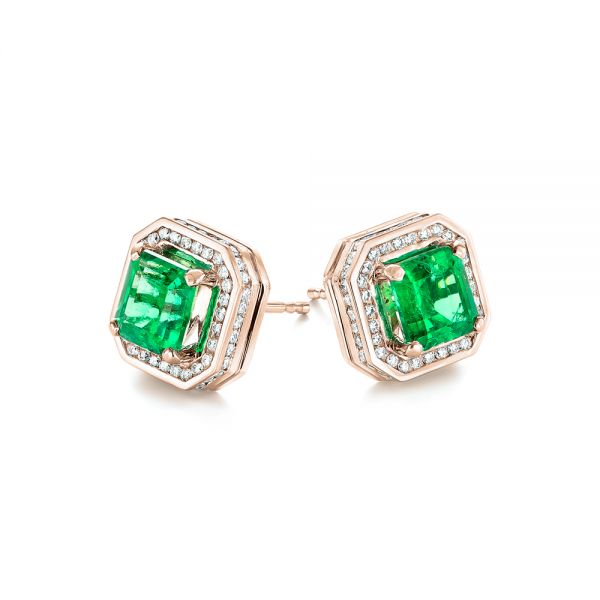 14k Rose Gold 14k Rose Gold Custom Emerald And Diamond Stud Earrings - Front View - 103389